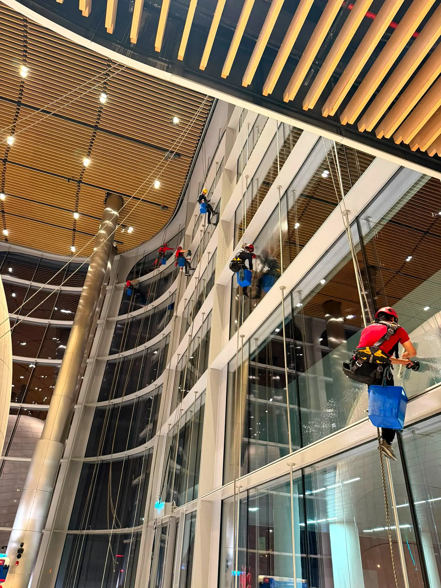 Plaza atriumunun kavisli iç cam duvarında iple erişimle yüksek hacim cam temizliği yapan 7 kişilik ekip